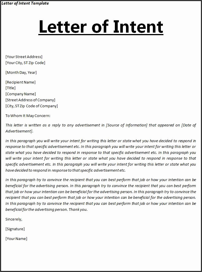 Letter Of Agreement Template Elegant Letter Of Intent Template