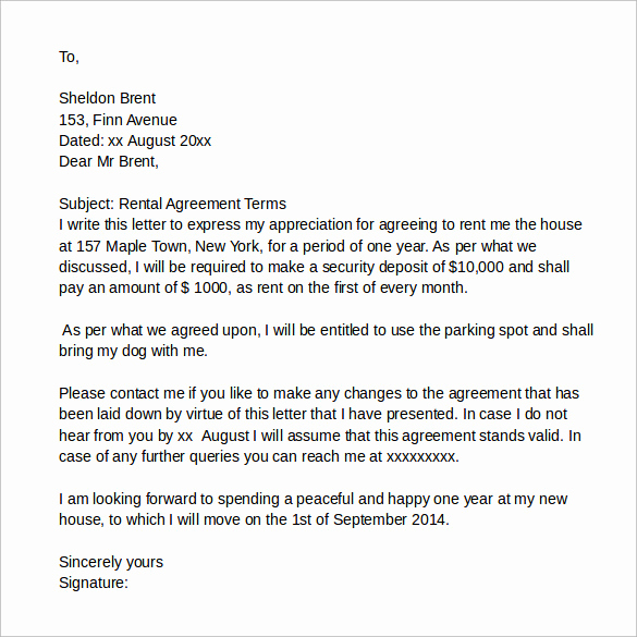 Letter Of Agreement Template Fresh Rental Agreement Letters Samples Examples formats 7