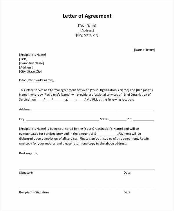 Letter Of Agreement Template Lovely 12 Simple Agreement Letter Examples Pdf Word
