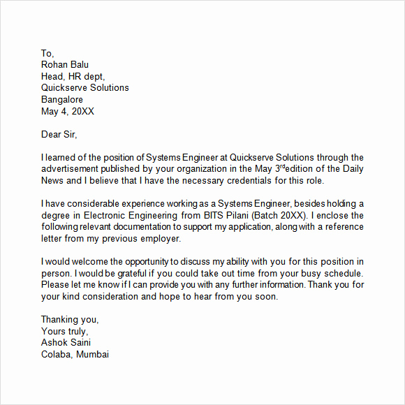 Letter Of Application Example Lovely Application Letter 9 Free Samples Examples format