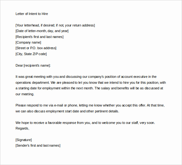 Letter Of Intent to Hire New 11 Sample Employment Letter Of Intent Templates Pdf