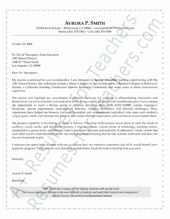 Letter Of Interest Teacher Best Of Special Education Cover Letter Sample