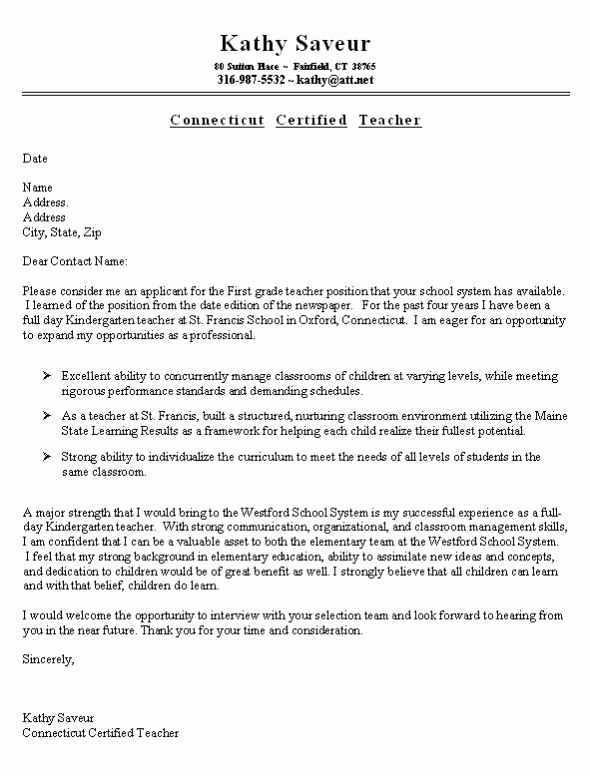 Letter Of Interest Teacher Inspirational First Grade Teacher Cover Letter Example