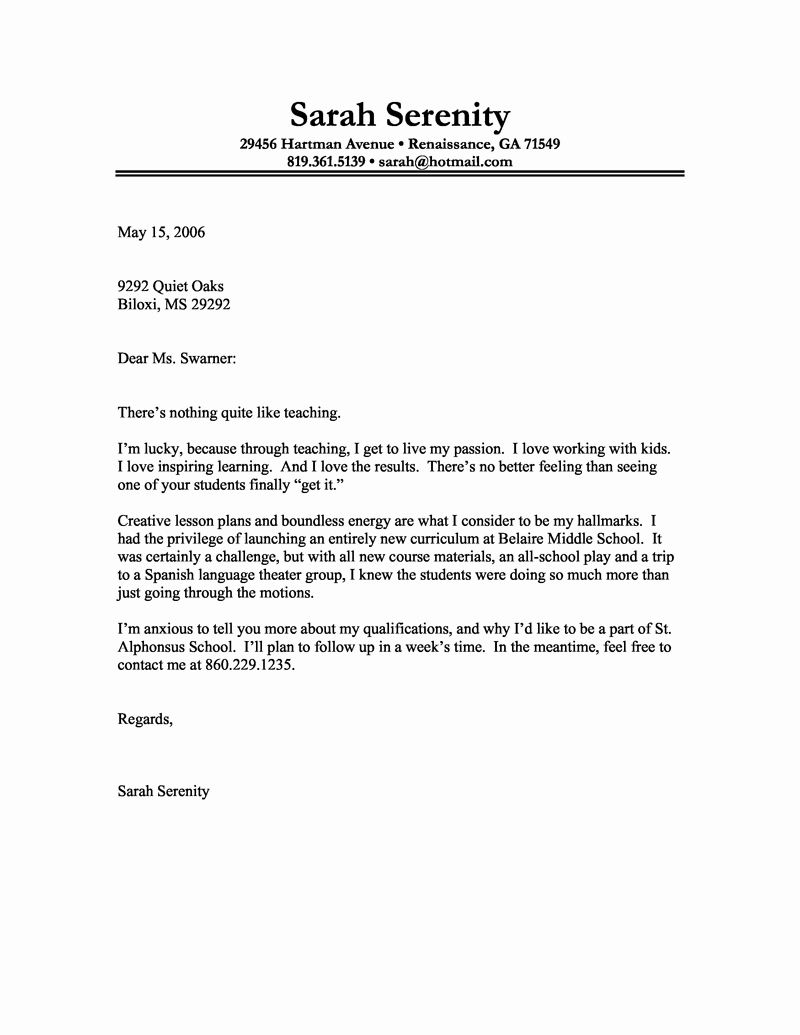 Letter Of Interest Teacher Luxury Cover Letter Example Of A Teacher with A Passion for