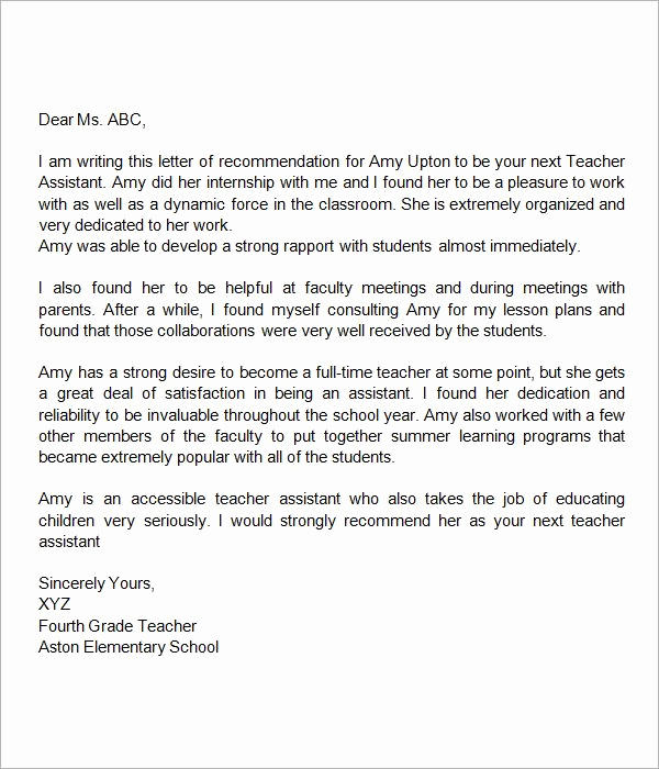 Letter Of Interest Teacher Luxury Re Mendation Letter for Teacher assistant