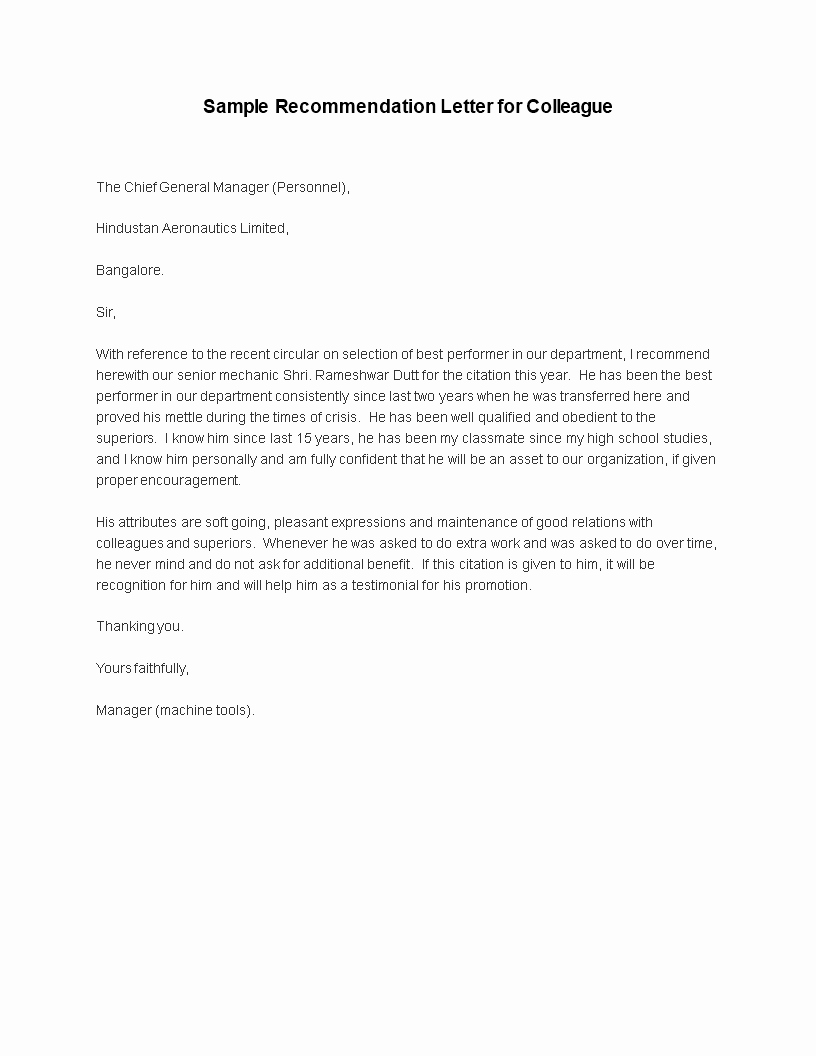 Letter Of Recommendation for Colleague Luxury Free Re Mendation Letter for Colleague