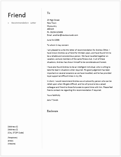 Letter Of Recommendation for Friend Fresh Re Mendation Letter for A Friend – Free Sample Letters