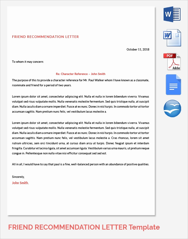 Letter Of Recommendation for Friend New Sample Reference Letters 17 Download Free Documents In