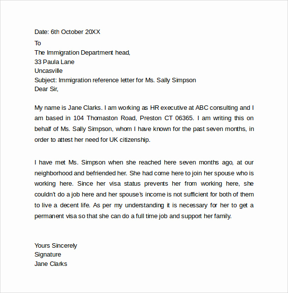 Letter Of Recommendation for Immigration New Personal Reference Letter Template 12 Samples