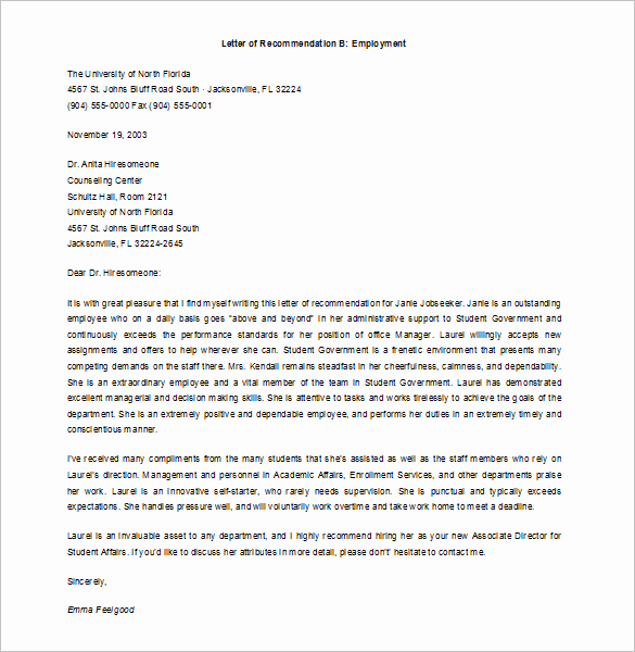 Letter Of Recommendation From Employer Elegant 10 Job Re Mendation Letter Templates Doc