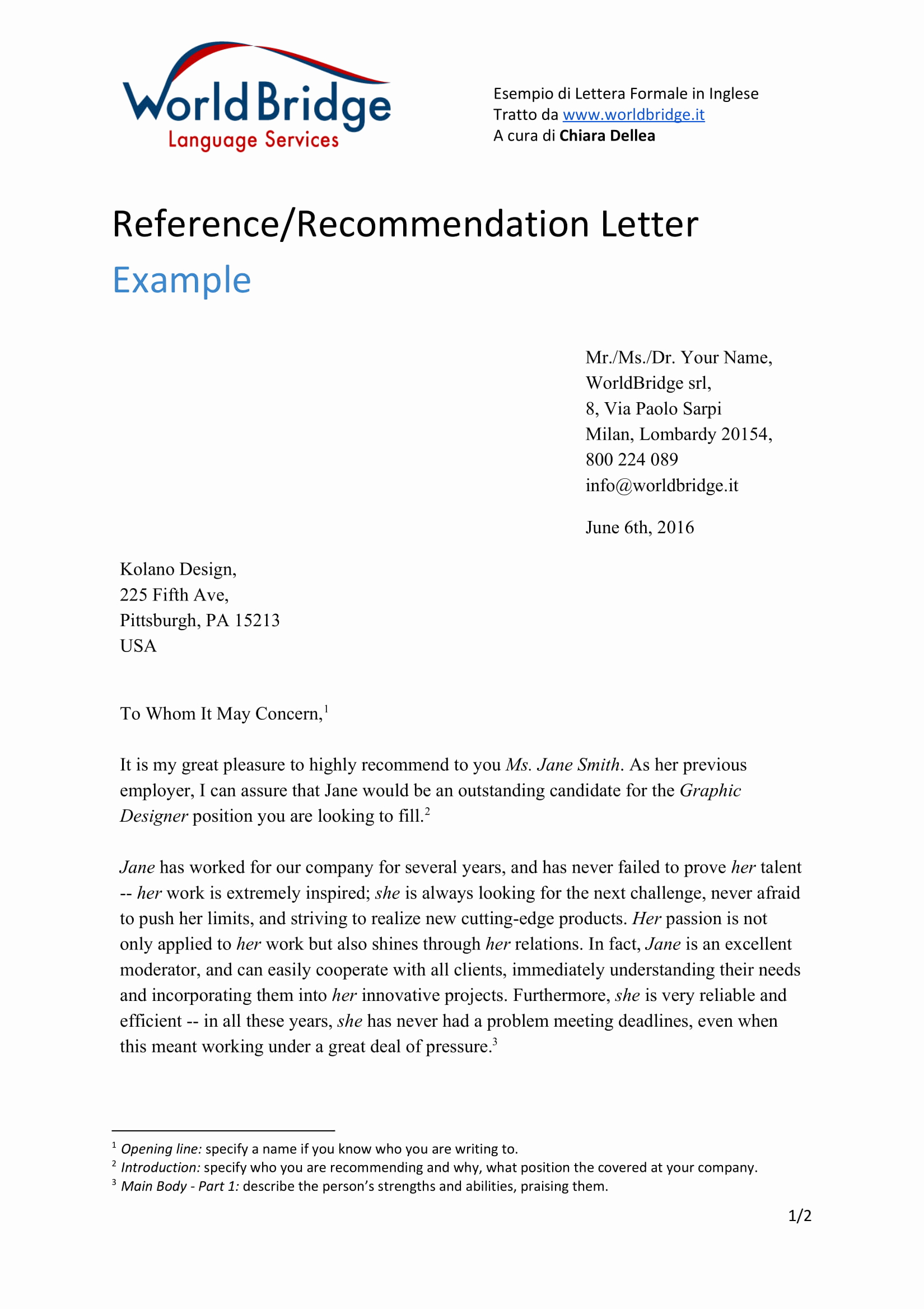 reference letter from a previous employer