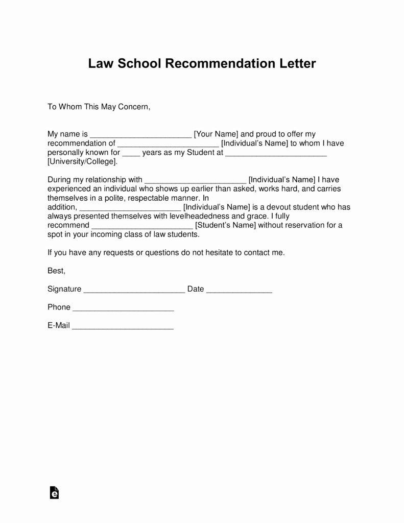 Letter Of Recommendation Outline Fresh Free Law School Re Mendation Letter Templates with