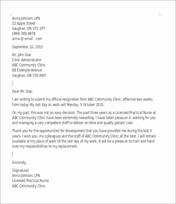 Letter Of Resignation Nursing Beautiful 7 Sample Two Week Resignation Letters
