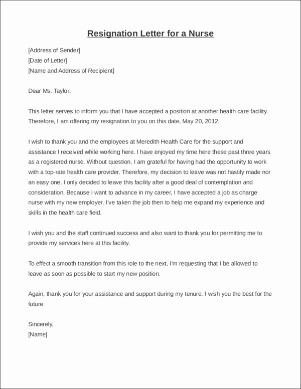 Letter Of Resignation Nursing Elegant 33 Printable Resignation Letter Samples &amp; Templates