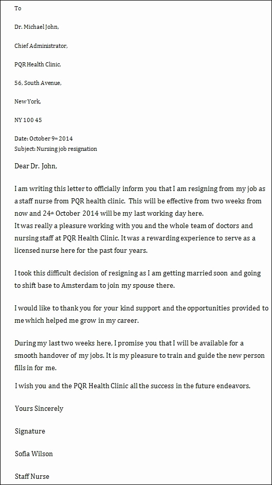 Letter Of Resignation Nursing Elegant Examples Resignation Letters for Nurses Icebergcoworking
