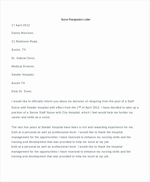 Letter Of Resignation Nursing Elegant Sample Resignation Letter Example 8 Free Documents In Doc