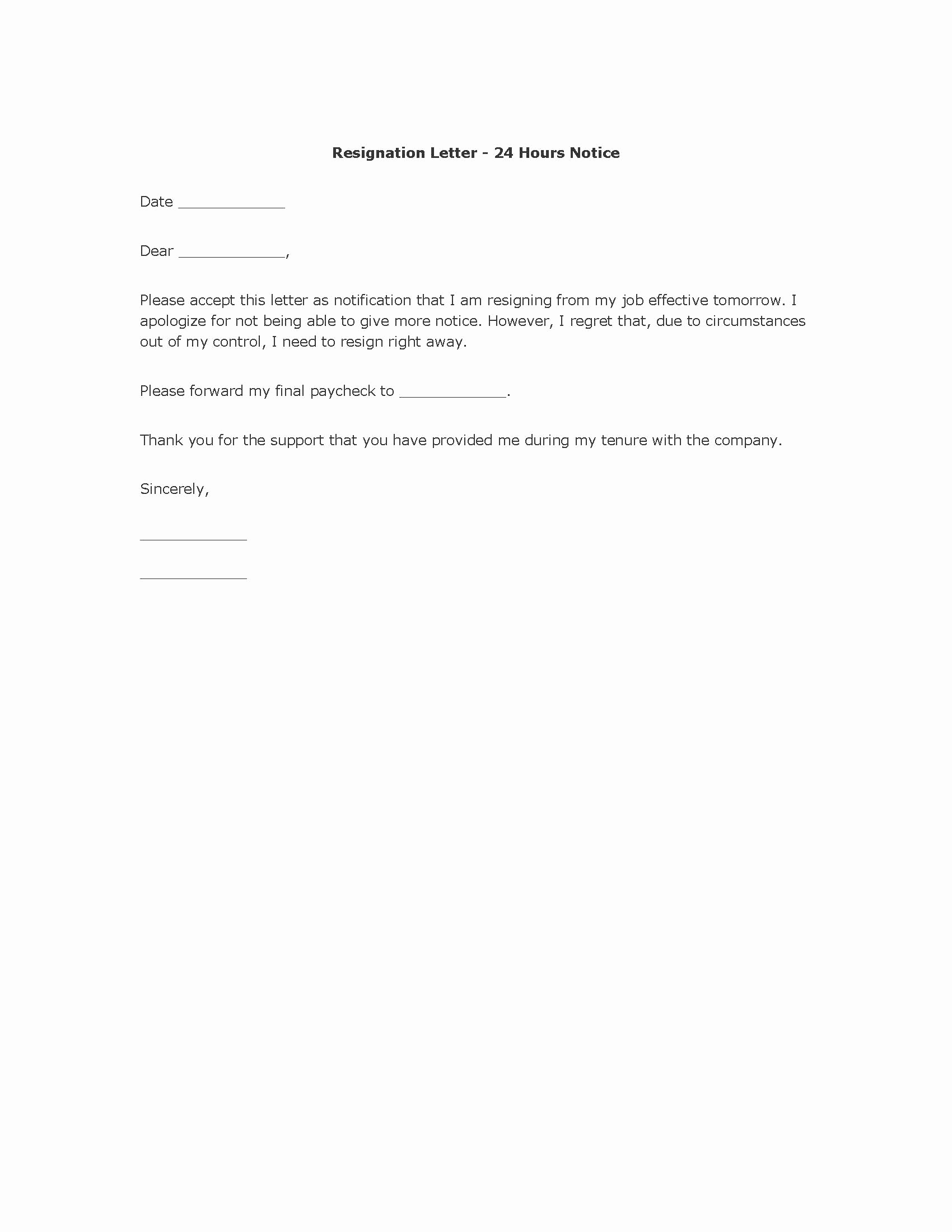 Letter Of Resignation Templates Beautiful Free Resignation Letter Template 24 Hour Notice