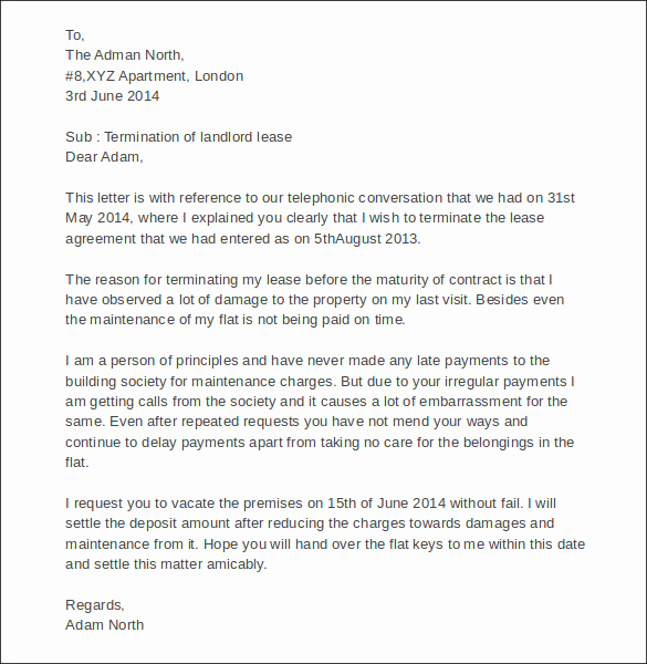 Letter to Land Lord Lovely Sample Termination Letters 9 Landlord Lease Termination