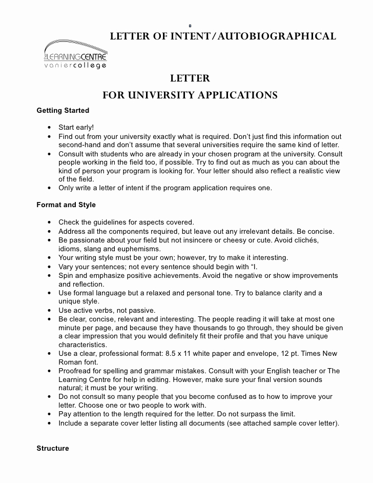 Letters Of Intent for College Inspirational Letter Of Intent Autobiographical Letter for University