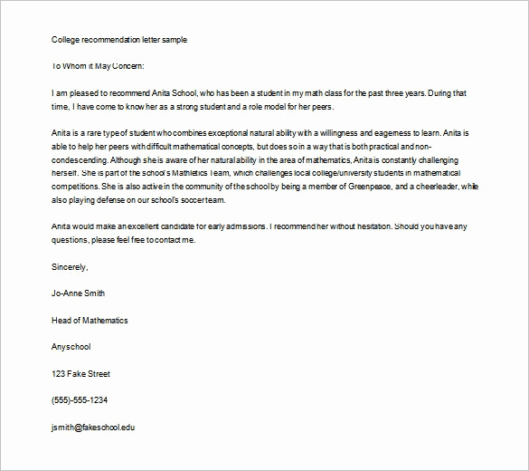 Letters Of Recommendation for College Inspirational Letter Re Mendation for Student