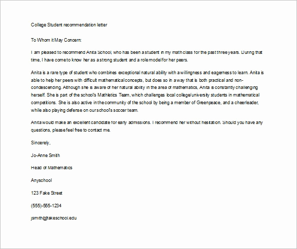 Letters Of Recommendation for College New College Re Mendation Letter
