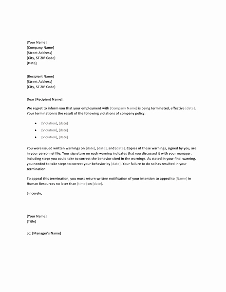 Letters Of Termination Of Employment Elegant Letter Of Termination Due to Policy Violation