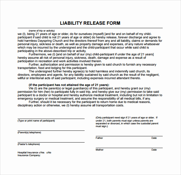 Liability Waiver form Free Beautiful Sample Liability Release form Examples 9 Download Free