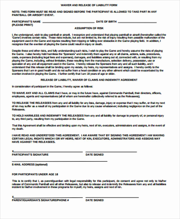 Liability Waiver form Free Unique Sample General Liability Release form 7 Examples In