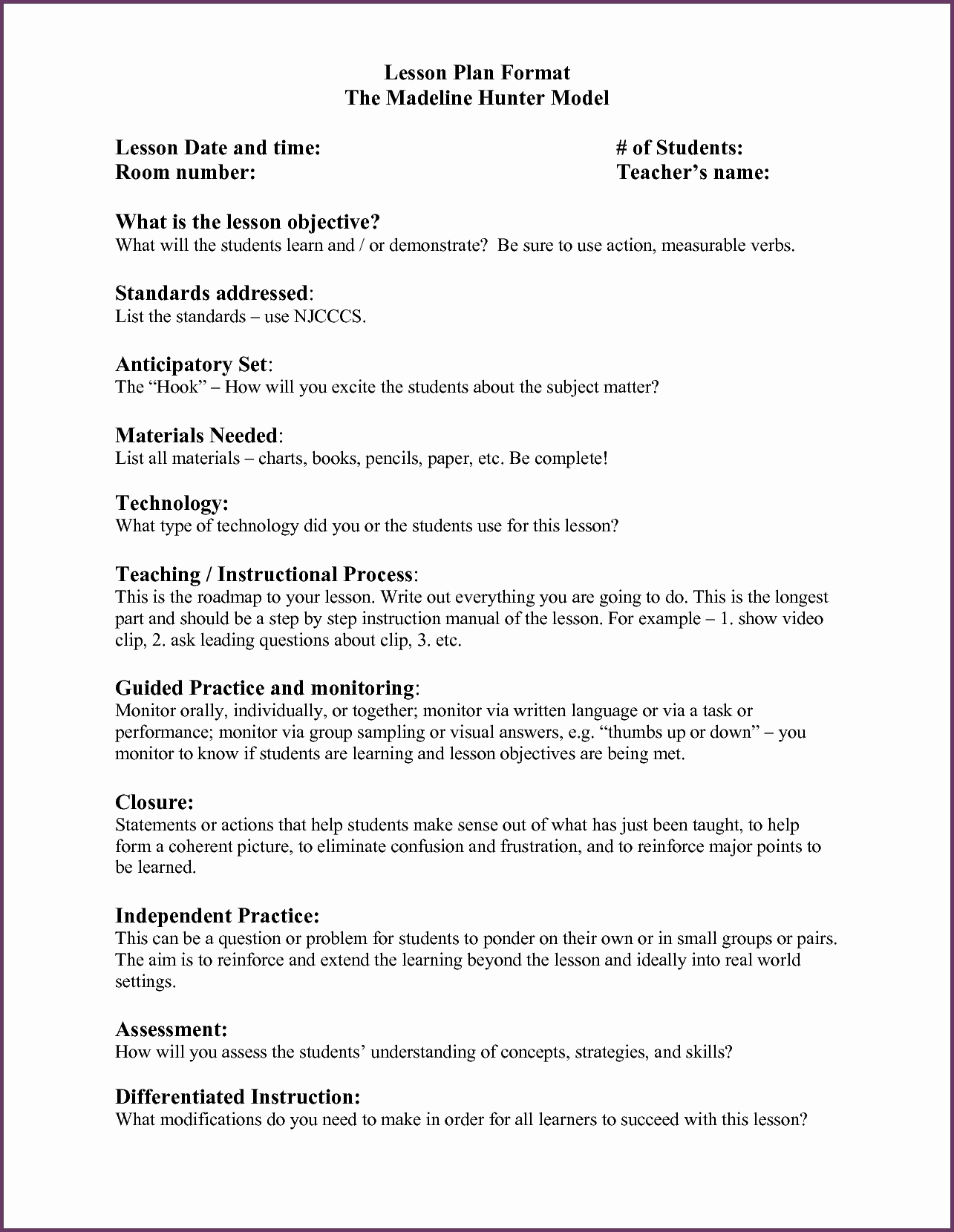Madeline Hunter Lesson Plan Example Unique Madeline Hunter Lesson Plan Template Word Beepmunk
