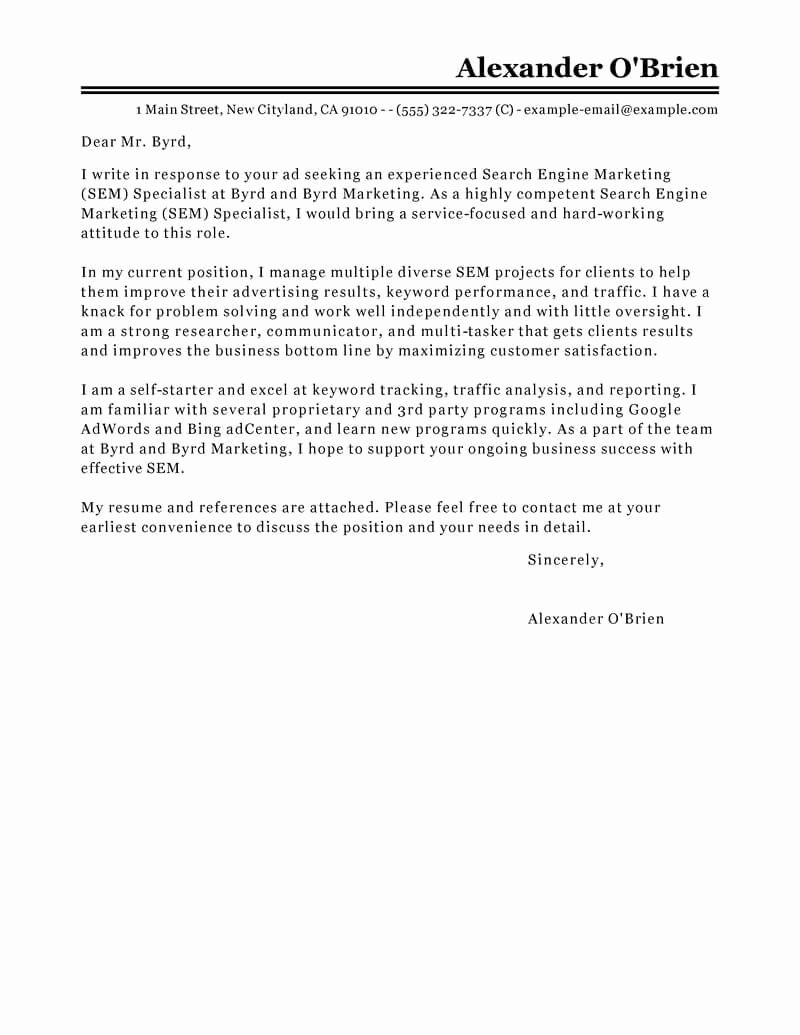 Marketing Cover Letter Examples Fresh Leading Professional Sem Cover Letter Examples &amp; Resources
