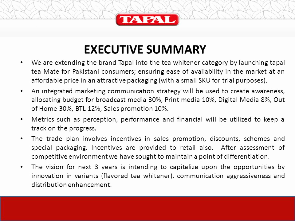 Marketing Plan Executive Summary Luxury the Launch Plan Of Tapal – Tea Mate Ppt