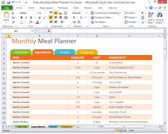 Meal Plan Template Excel Fresh Free Monthly Meal Planner for Excel