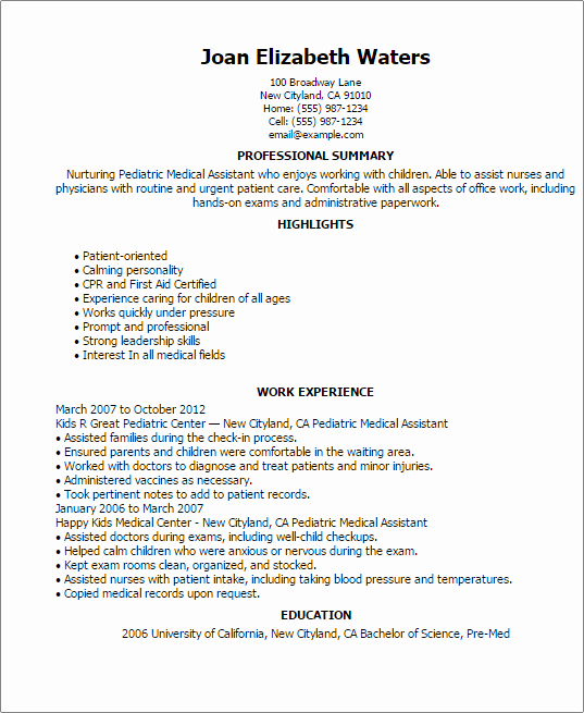 Medical assistant Resume Template New Pediatric Medical assistant Resume Template — Best Design