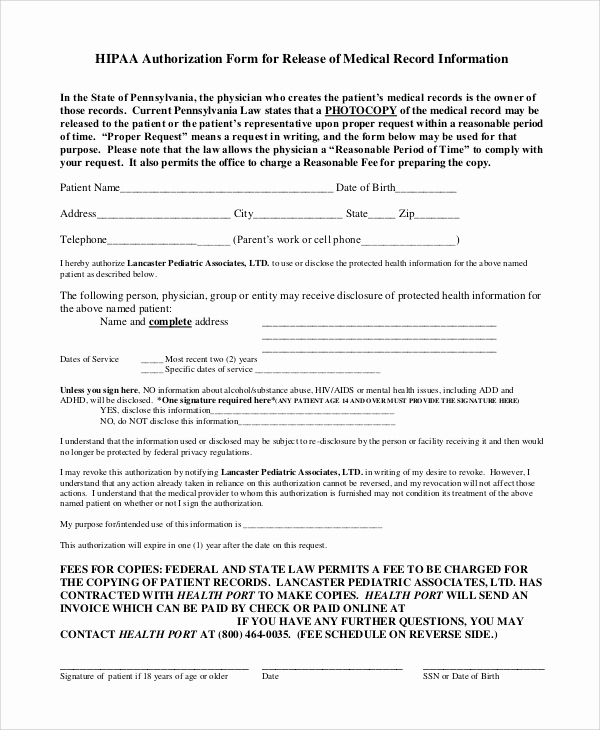 Medical Record Release form Lovely Sample Hipaa Release form 8 Examples In Pdf Word
