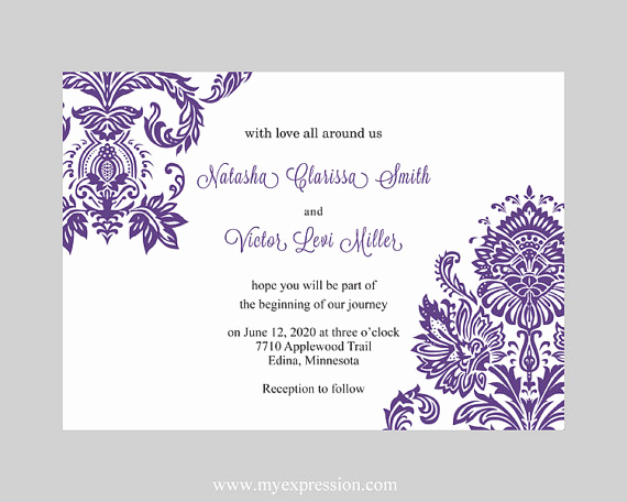 Microsoft Word Invitation Template Beautiful Wedding Invitation Template Purple Damask Instant Download