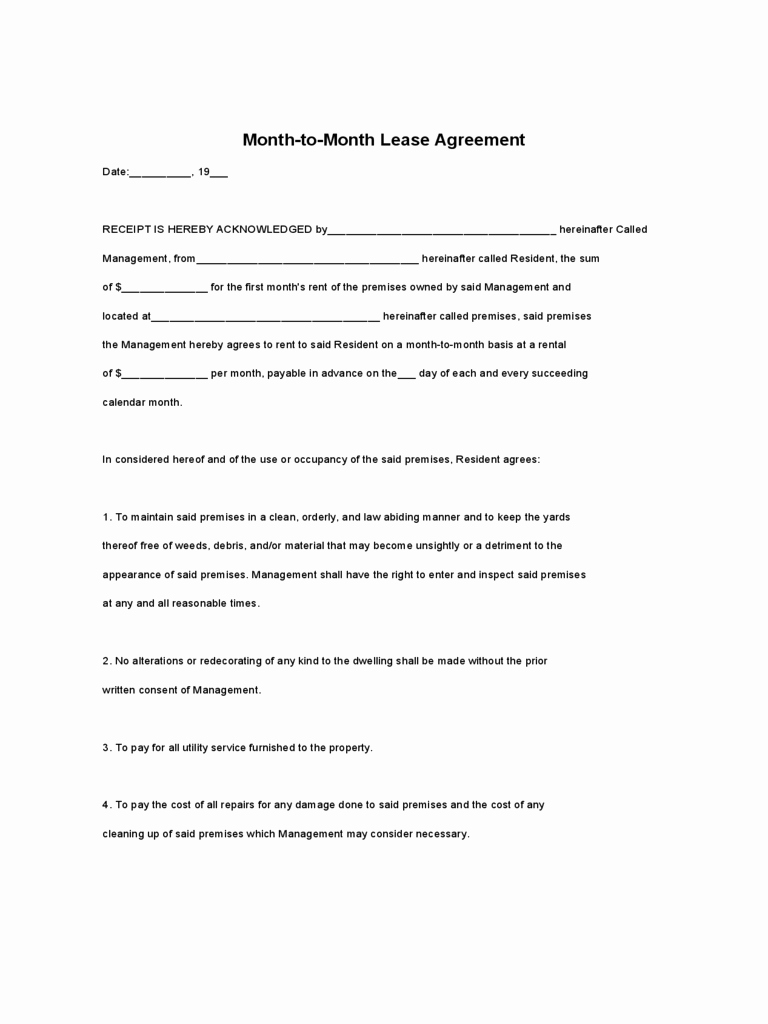 Month to Month Lease form Fresh Month to Month Rental Agreement form 86 Free Templates