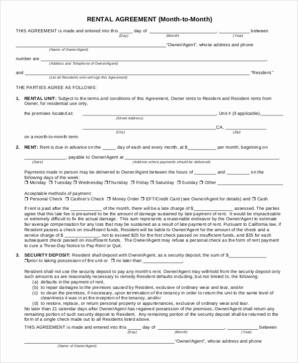 Month to Month Lease form Inspirational Sample Rental Agreement form 9 Examples In Pdf Word