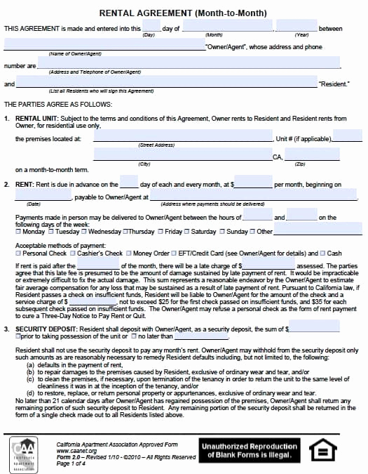 Month to Month Lease form Unique Free California Monthly Rental Agreement – Pdf Template