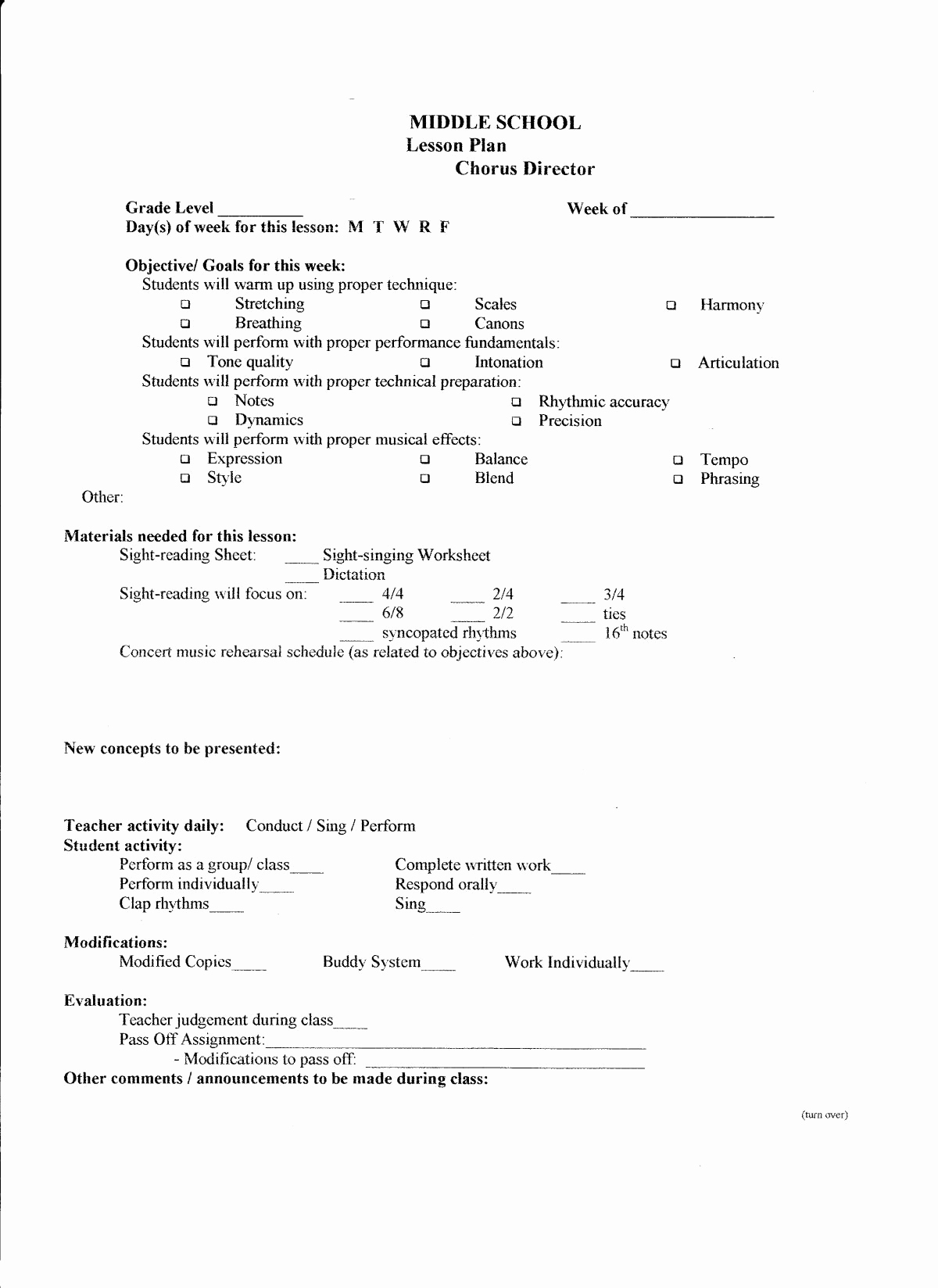 Music Lesson Plan Template Awesome Lesson Plan Template – Middle School Chorus