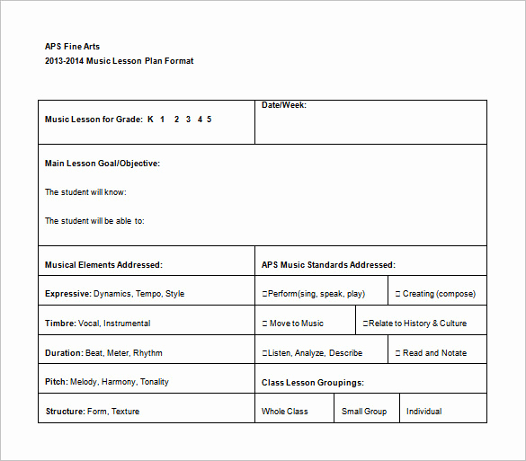 Music Lesson Plan Template Lovely Music Lesson Plan Template 6 Free Sample Example