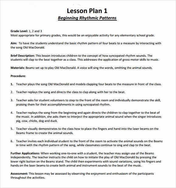 Music Lesson Plan Template New Sample Music Lesson Plan Template 8 Free Documents In