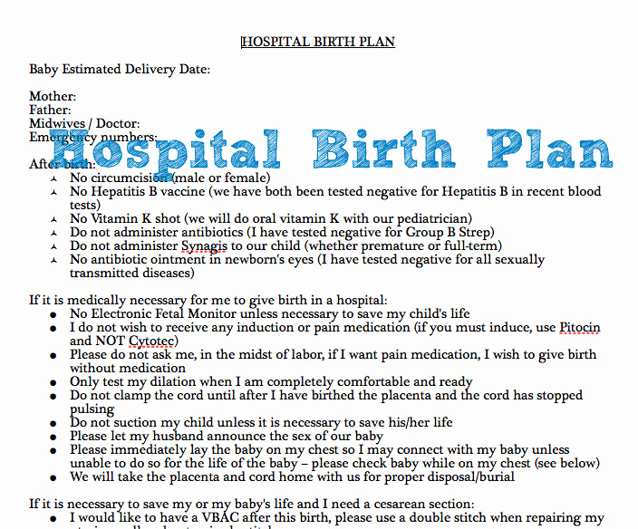 Natural Birth Plan Template Lovely Example Of Hospital Birth Plan Free Printable