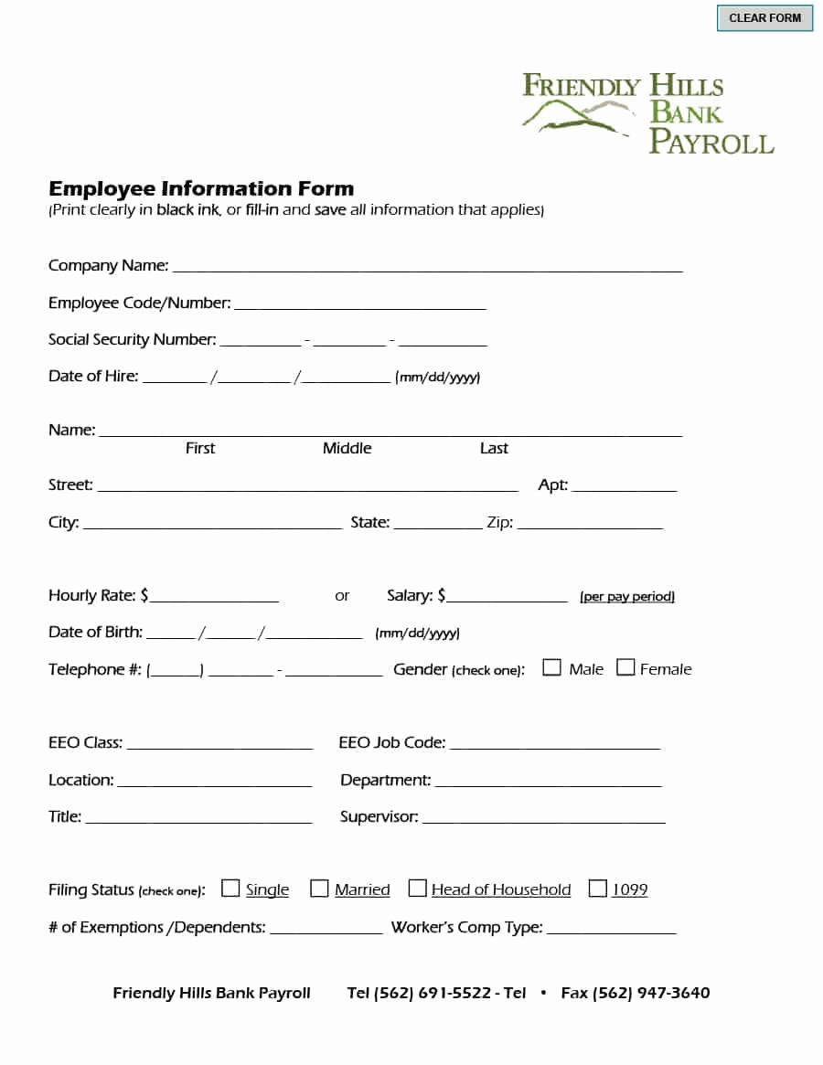 New Employee Information form Luxury 47 Printable Employee Information forms Personnel