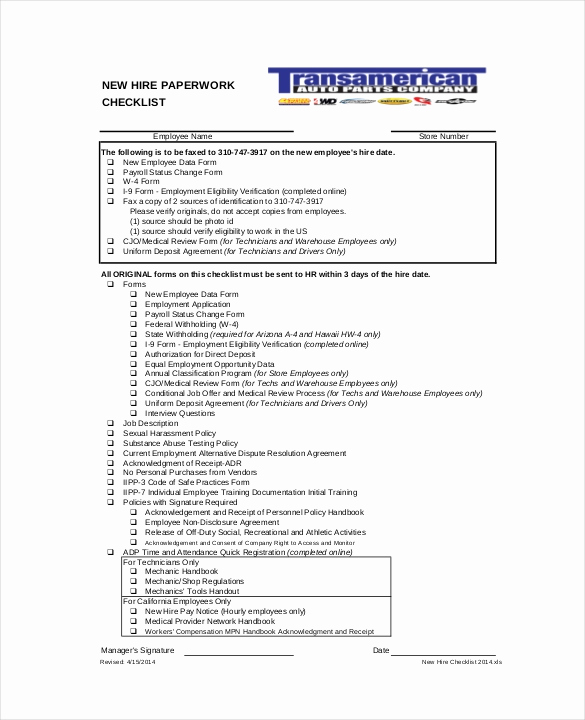 New Hire Checklist Template Fresh New Hire Checklist Template 17 Free Word Excel Pdf