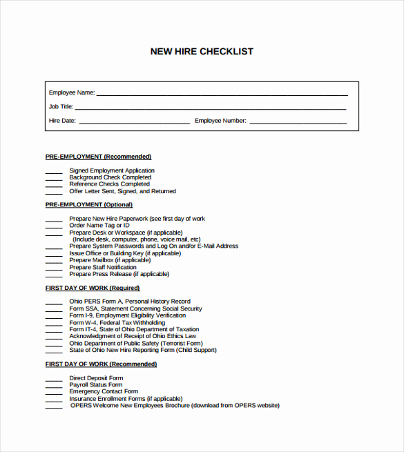 New Hire forms Template Elegant Sample New Hire Checklist Template 11 Documents In Pdf