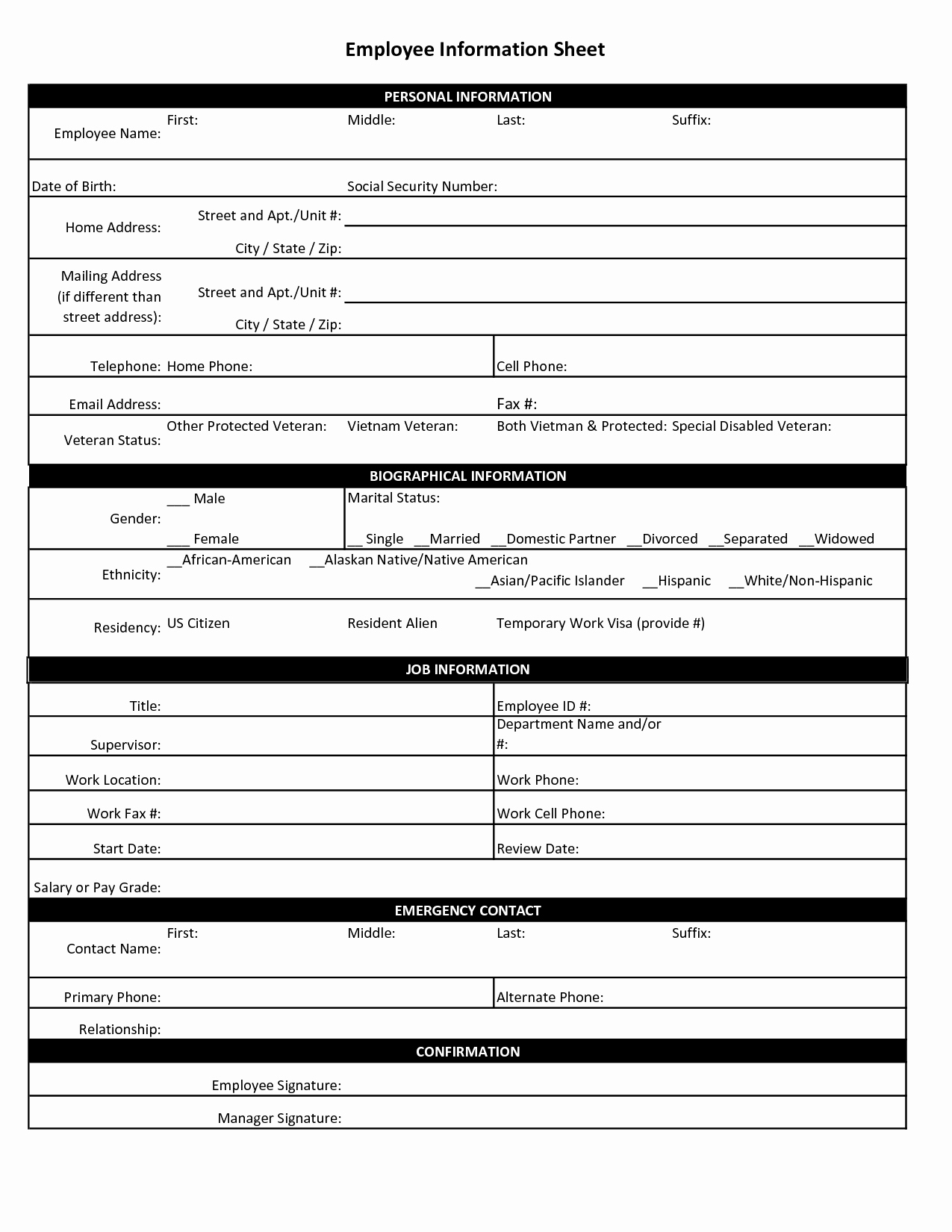 New Hire forms Template Fresh Employee Personal Information Sheet