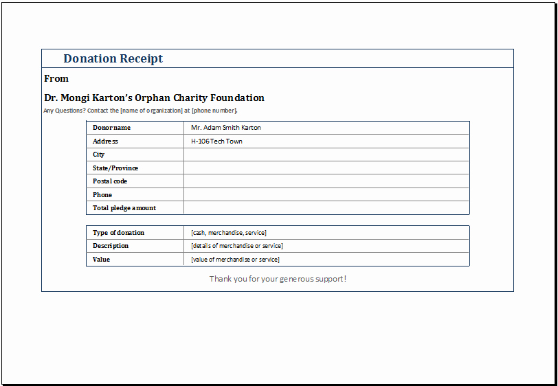 Non Profit Donation Receipt Template New Ms Excel Editable &amp; Printable Donation Receipt Template