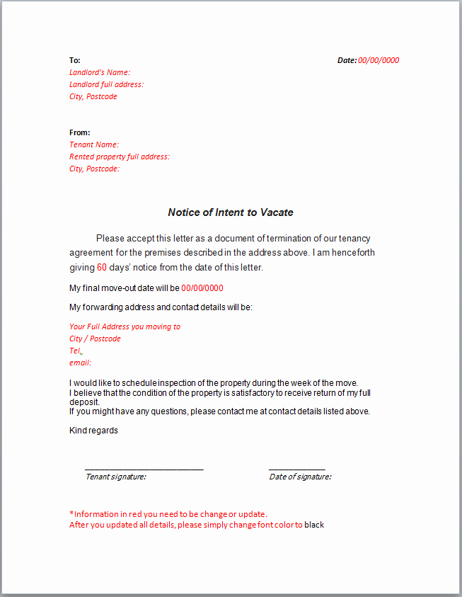 Notice Letter to Landlord New House Removal Checklist