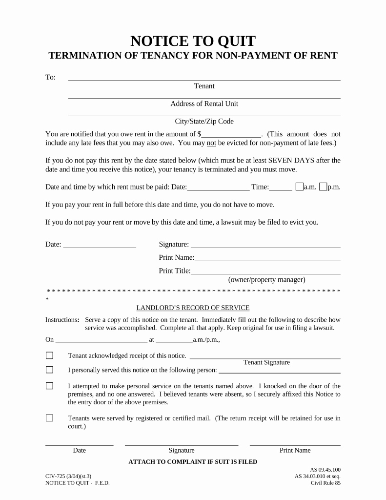 Notice to Quit form Elegant Alaska 7 Day Notice to Pay or Quit form Civ 725