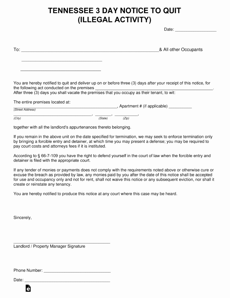 Notice to Quit form Fresh Tennessee 3 Day Notice to Quit form